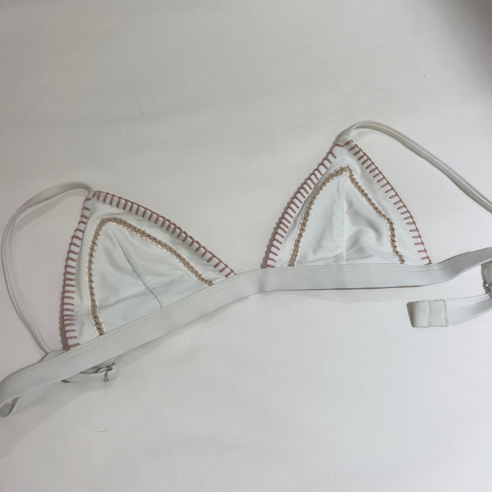 Ellejay White Whipstitch Embroidered‎ Triangle Bikini Top Rose Gold Metallic M